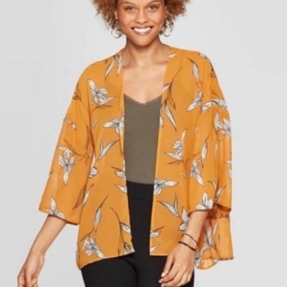 A New Day Sheer Pleated Golden Yellow Kimono OSFM - Picture 1 of 6